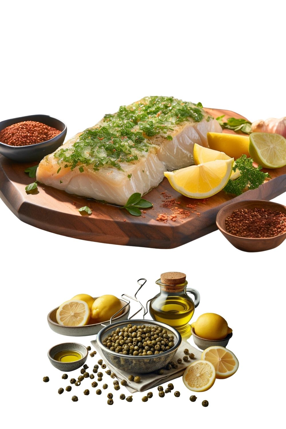 air-fried lemon cod filets, capers and lemon for prepping recipe 