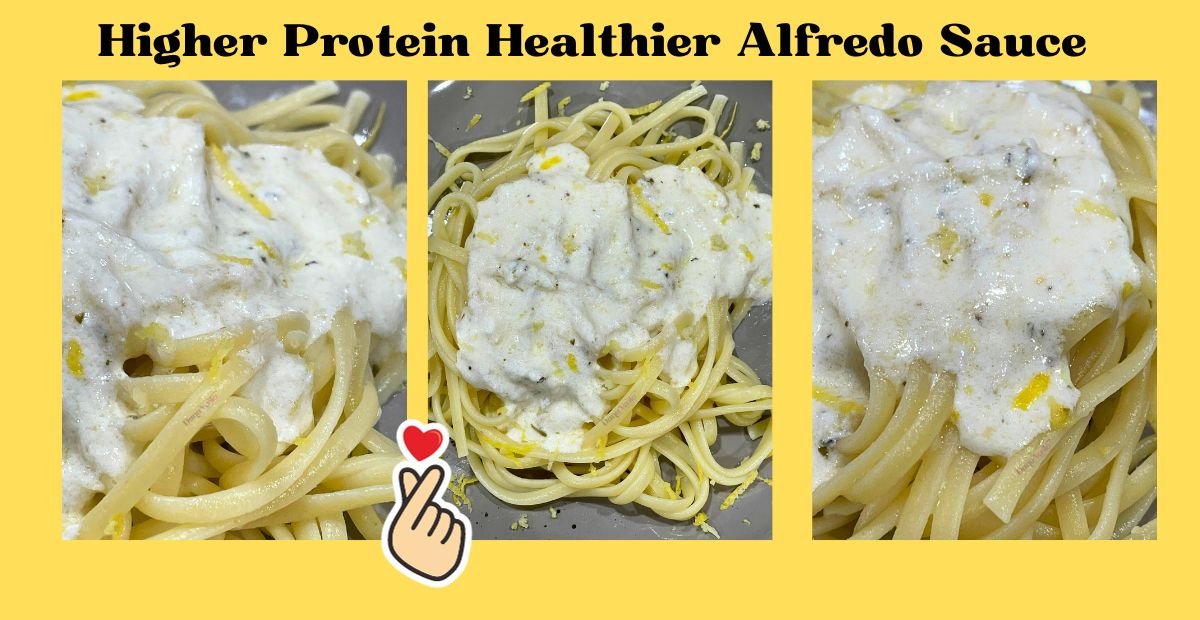  Healthier high protein Alfredo Sauce You’ll Love stacked on pasta 