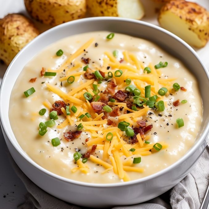 A bowl of creamy potato soup topped with crumbled bacon and shredded cheese