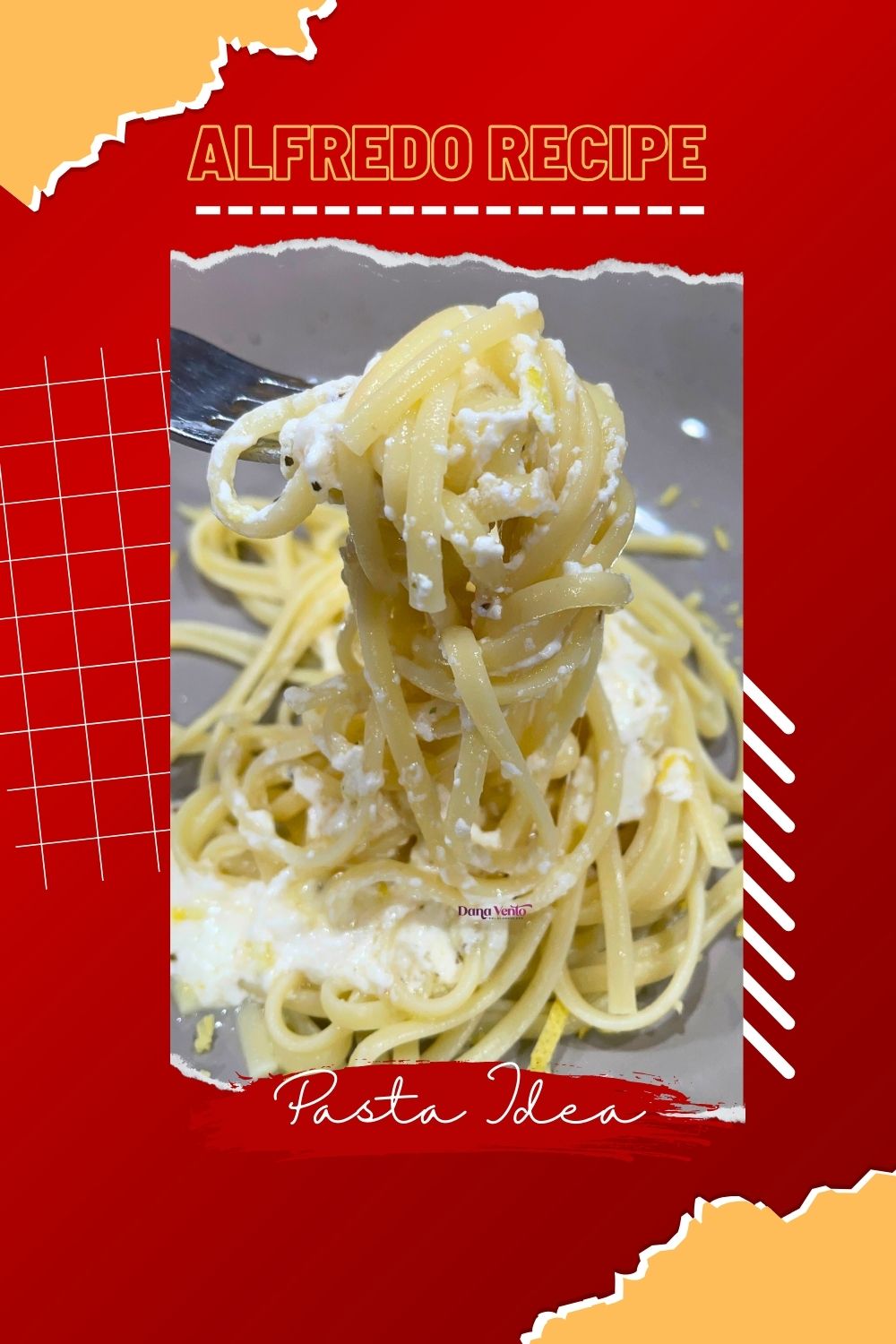 Linguine al dente twisted on a fork with fresh lemon cottage cheese alfredo sauce on it 
